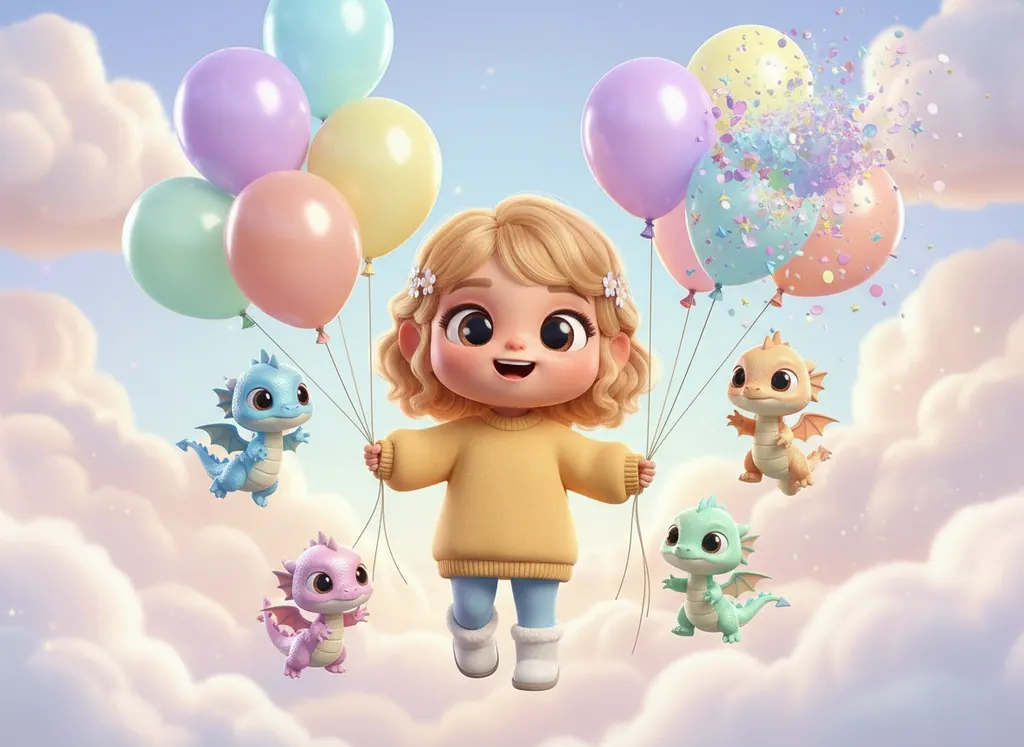 A girl and baby dragons floating among colourful balloons