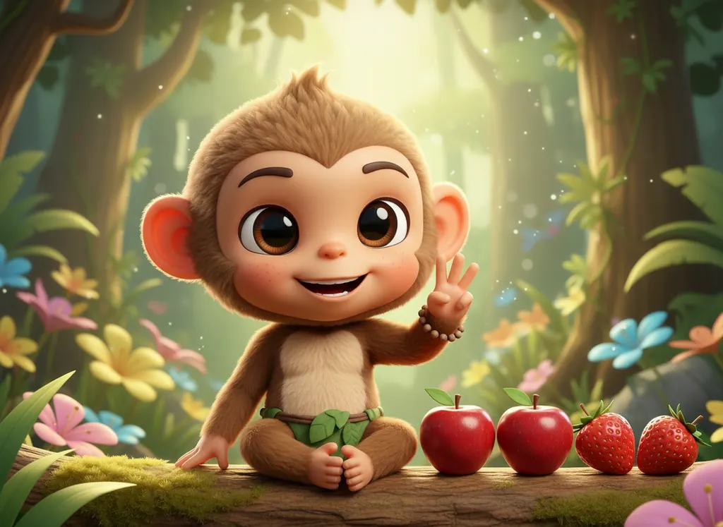 A baby monkey counting apples and strawberries in the jungle